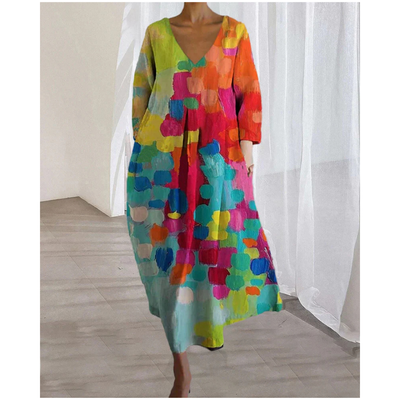 Damen V Ausschnitt Buntes Kleid | Midi