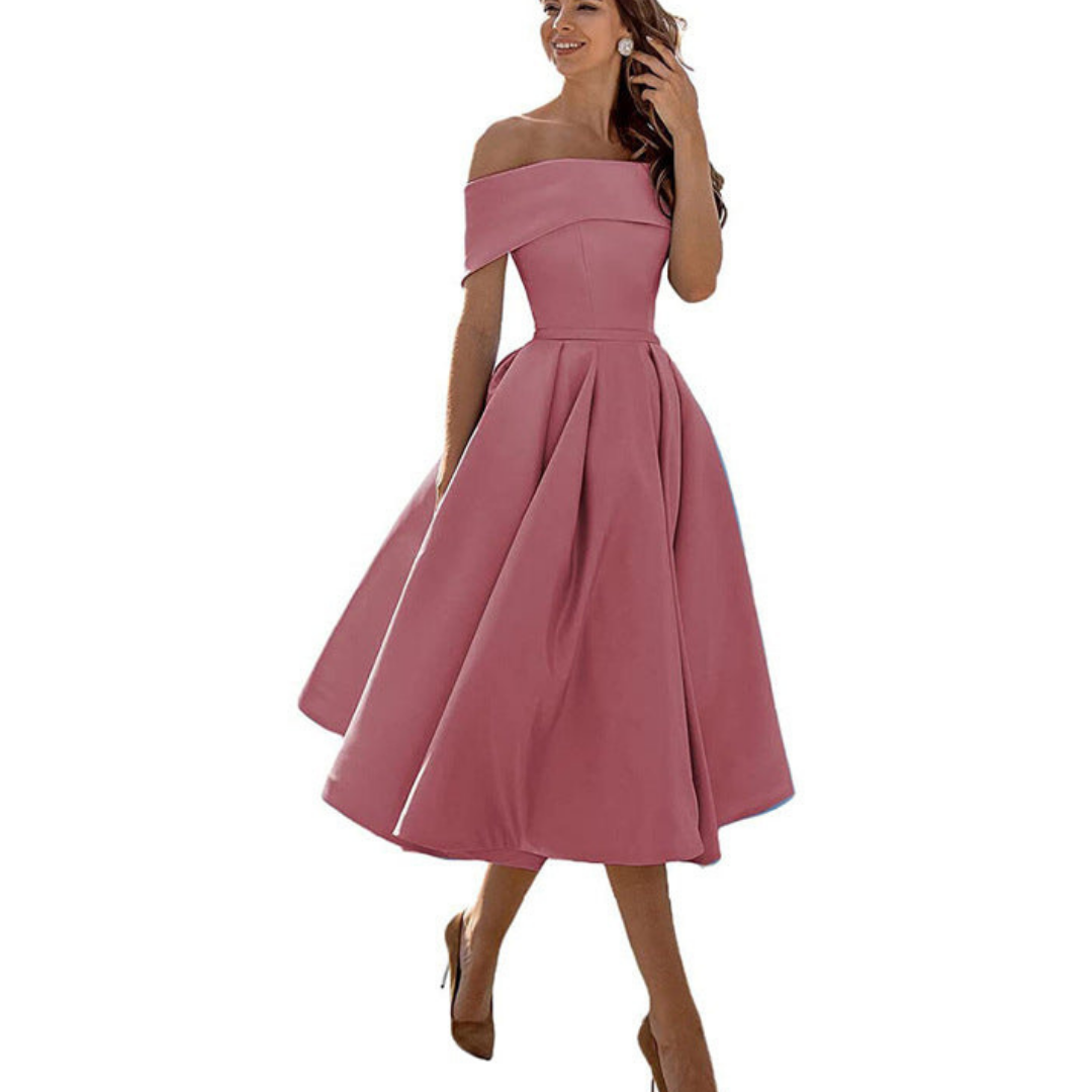 Damen Schulterfreies Plissee Kleid | Midi