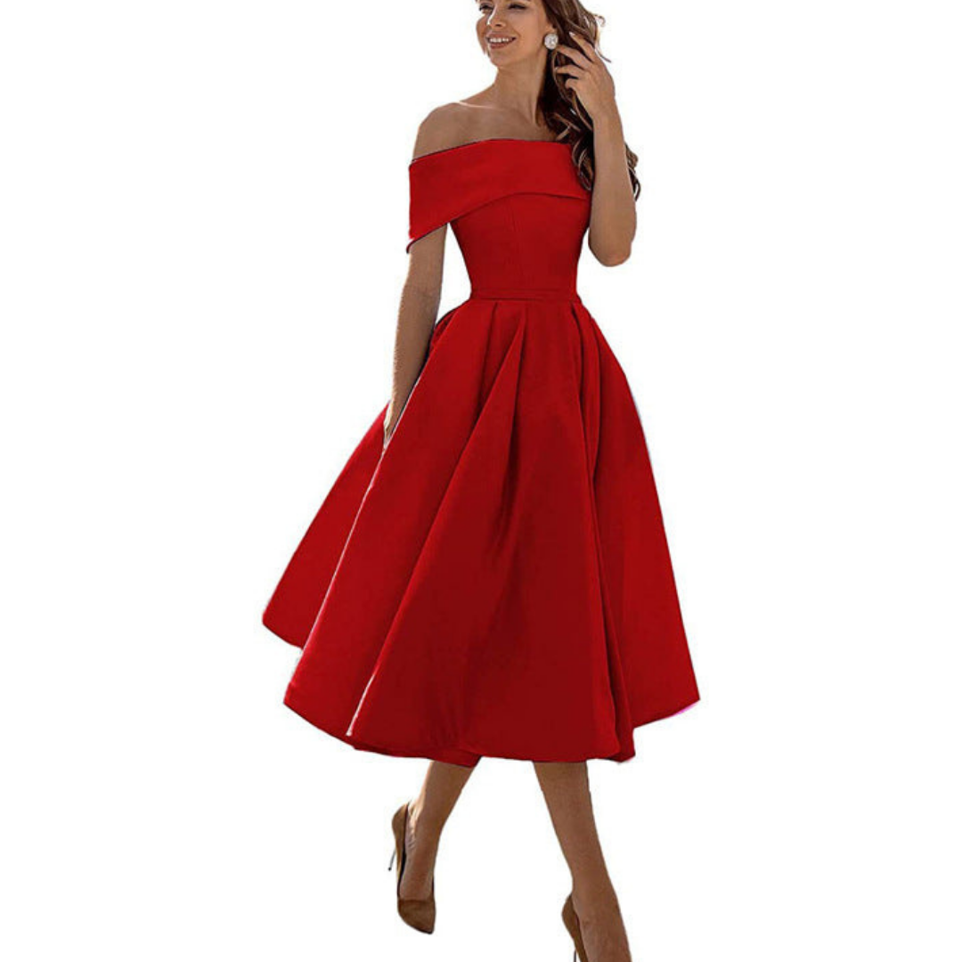 Damen Schulterfreies Plissee Kleid | Midi