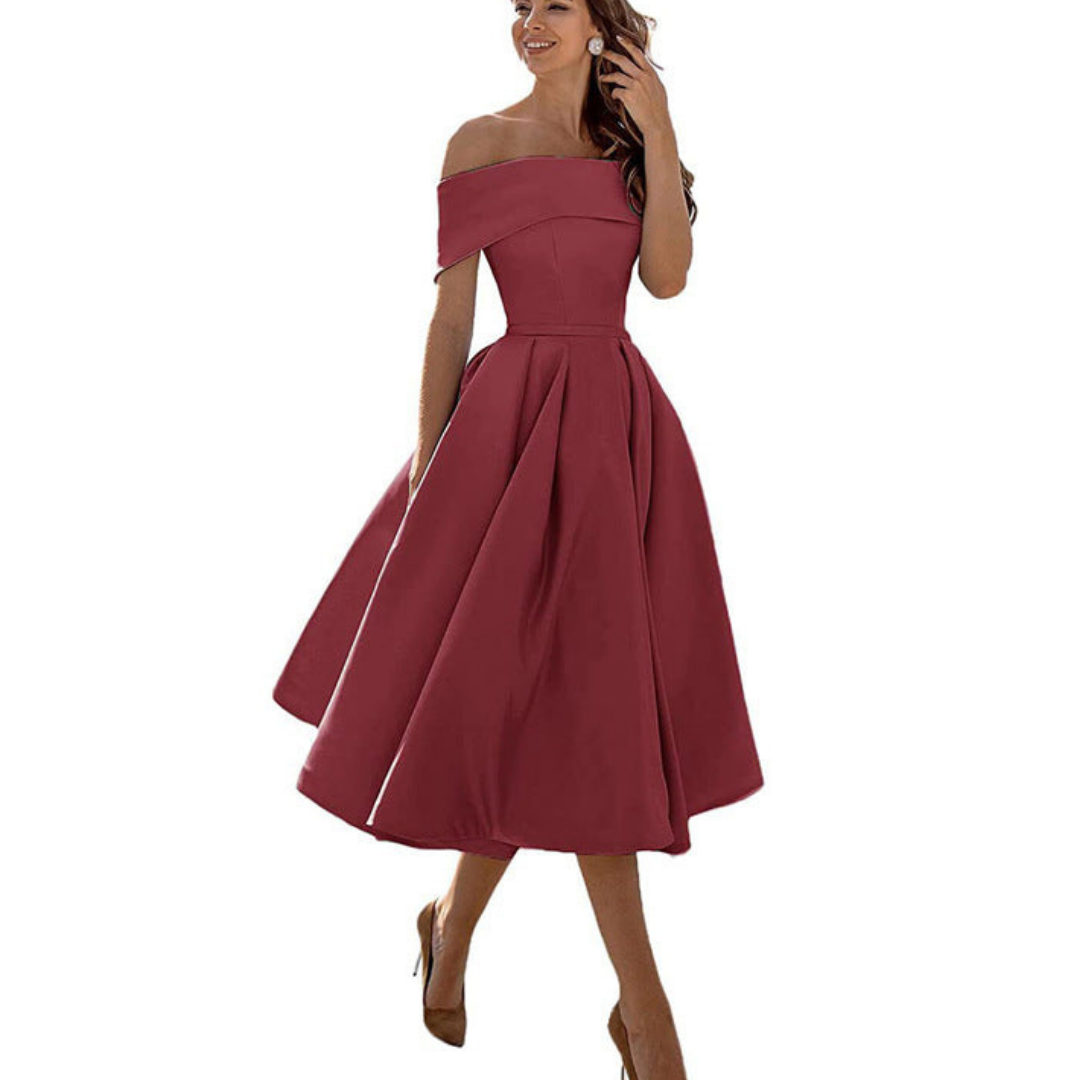 Damen Schulterfreies Plissee Kleid | Midi