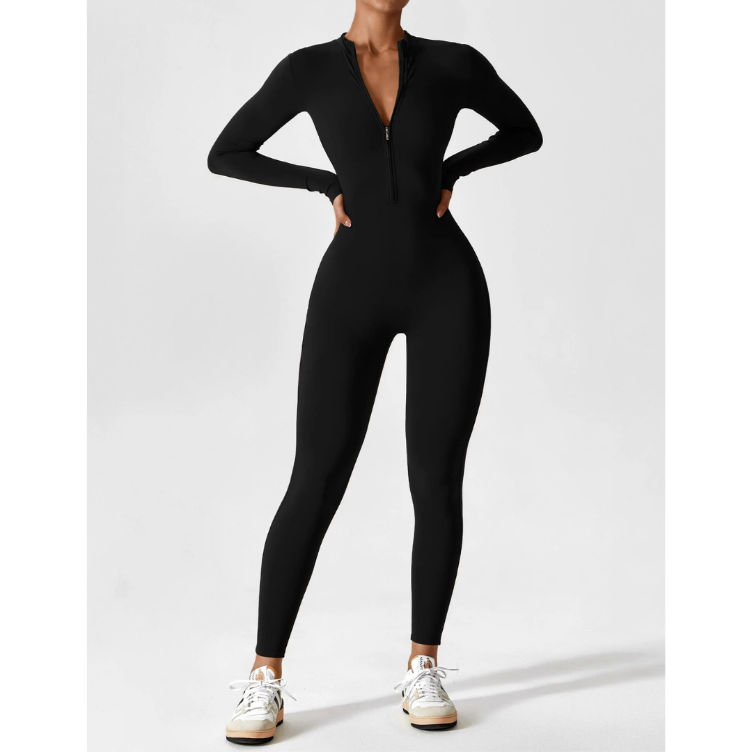 Damen V Ausschnitt Langarm Jumpsuit | Schlanke Passform