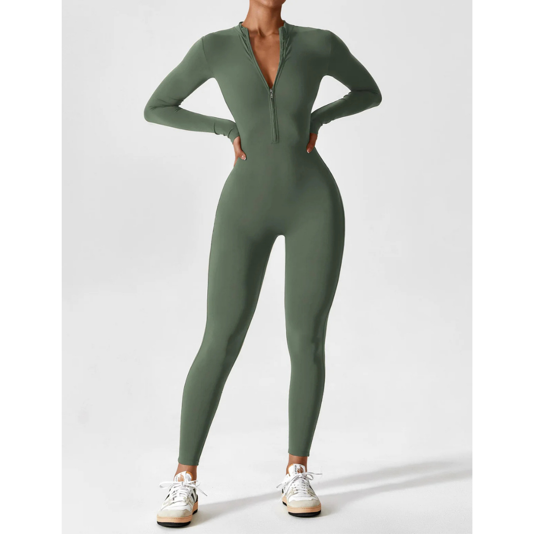 Damen V Ausschnitt Langarm Jumpsuit | Schlanke Passform