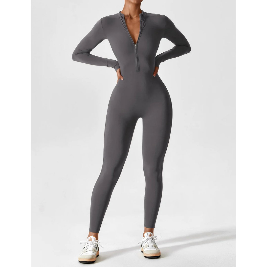 Damen V Ausschnitt Langarm Jumpsuit | Schlanke Passform