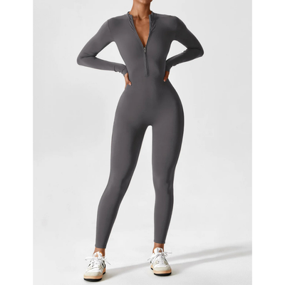 Damen V Ausschnitt Langarm Jumpsuit | Schlanke Passform
