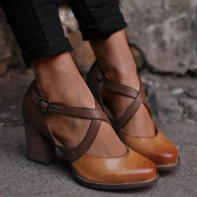 Damen Vintage Blockabsatz Sandale | Kreuzriemen Schnalle