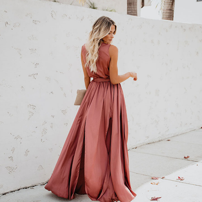Damen Ärmellos Taille Krawatte Schlitz Kleid | Maxi