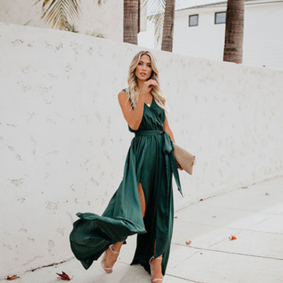 Damen Ärmellos Taille Krawatte Schlitz Kleid | Maxi