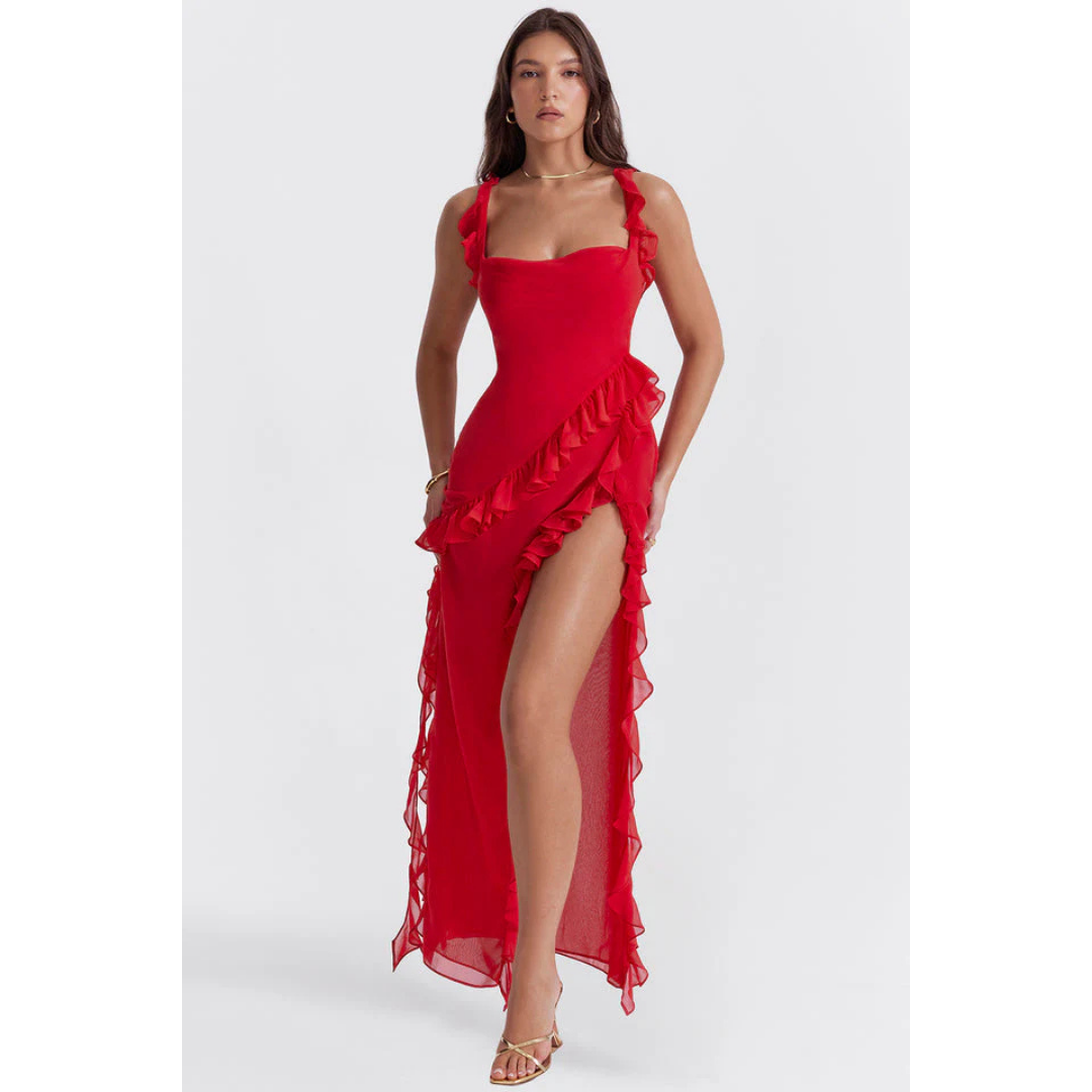 Damen Gerüschte Sphagetti Ärmel Oberschenkelschlitz Kleid | Maxi