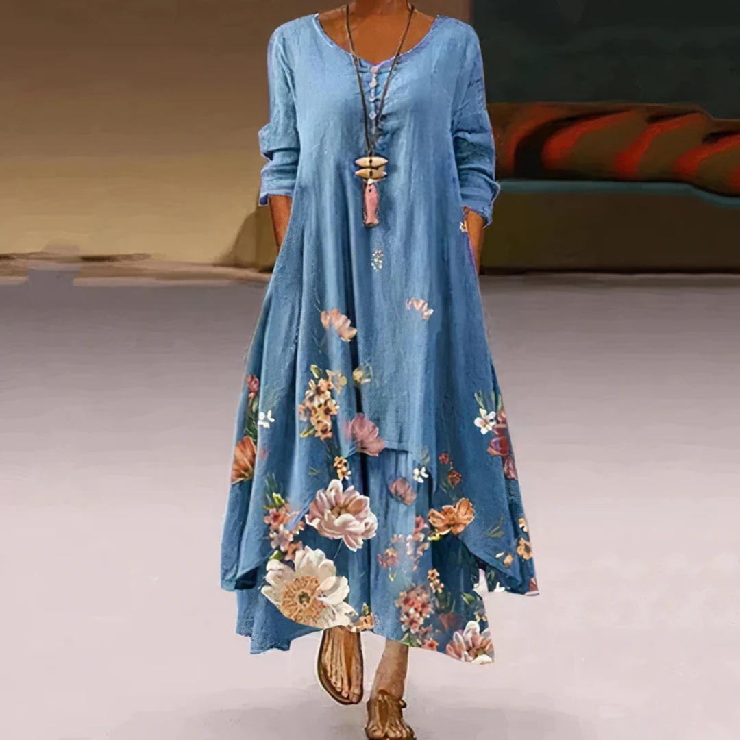 Damen Langarm Blumenmuster Kleid | Maxi