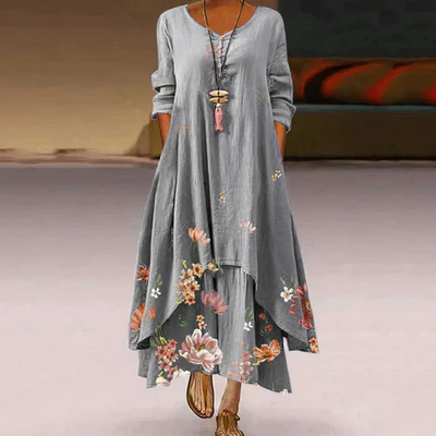 Damen Langarm Blumenmuster Kleid | Maxi