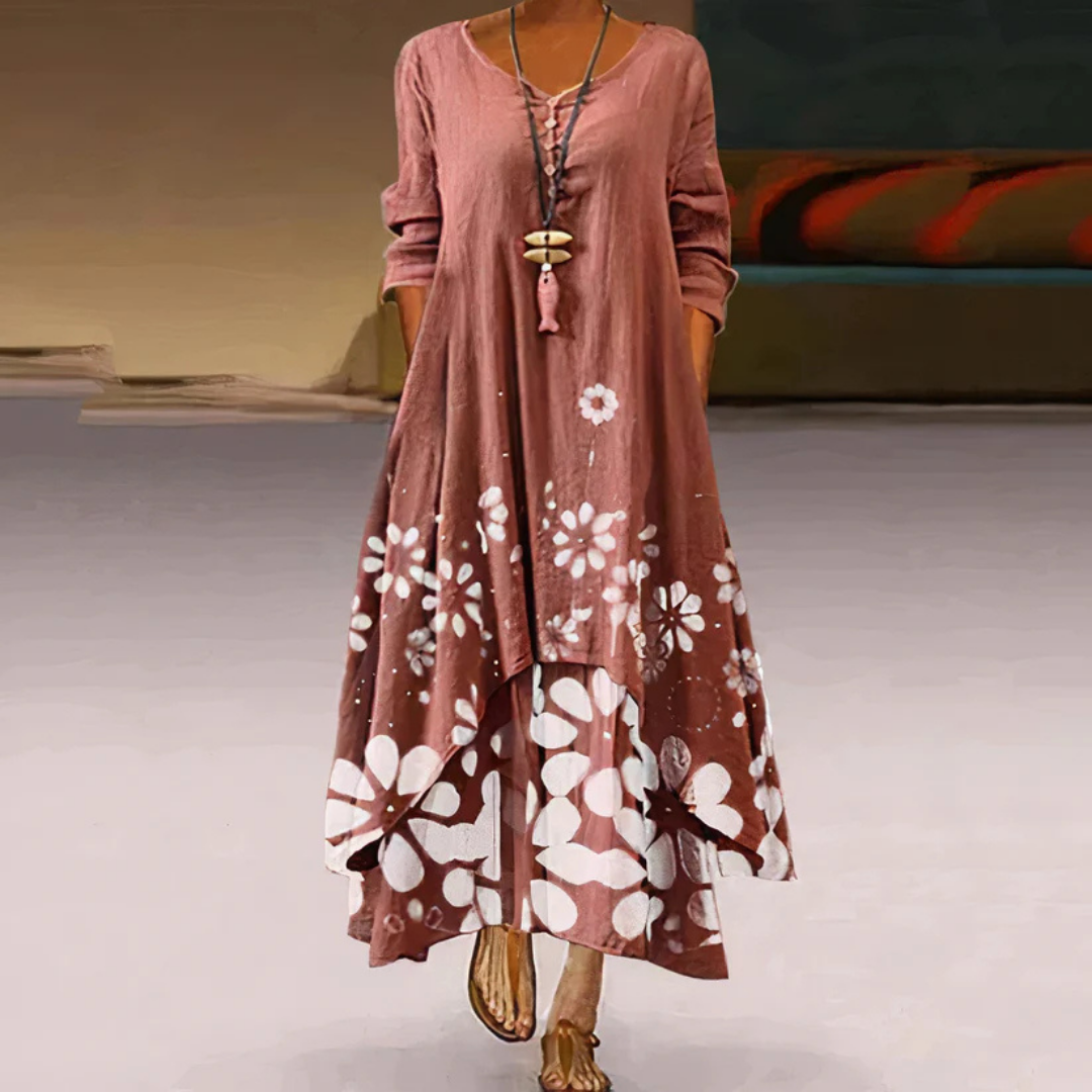 Damen Langarm Blumenmuster Kleid | Maxi