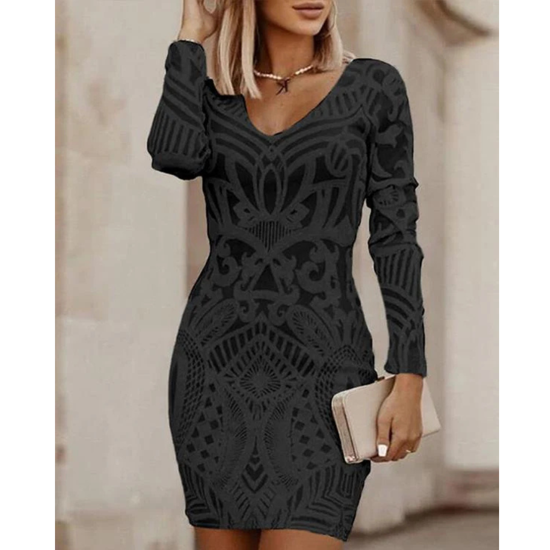 Damen V Ausschnitt Bodycon Langarm Kleid | Mini