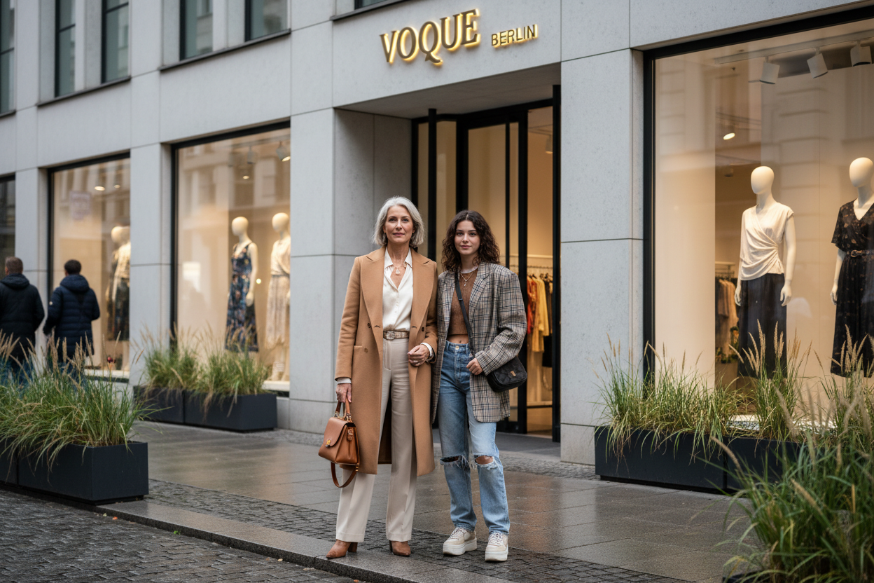 maak voor mij 2 vrouwen een wat oudere en een dochter die voor een winkel staan. de winkel moet Voque Berlin heten, het gaat om vrouwen fashion. 